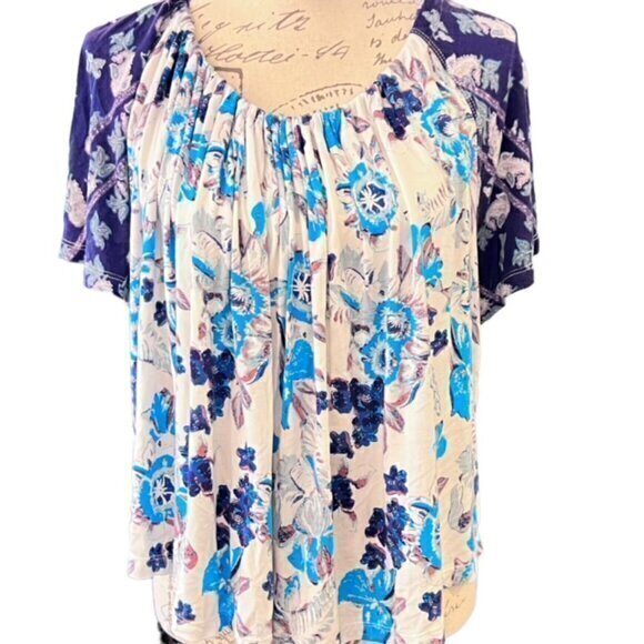 Free People Baja Babe Floral Tie Back Top Blue Cold Shoulder Size Small BOHO - Picture 2 of 13